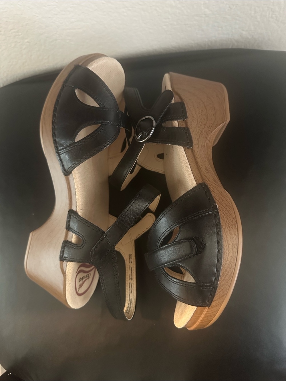 Dansko Black Leather Sandal Clogs with Wood-Effect Platform